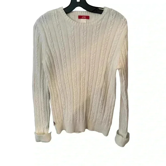 Ann Klein sport women’s white cable knit sweater crew neck cuff sleeves size L - Picture 1 of 9